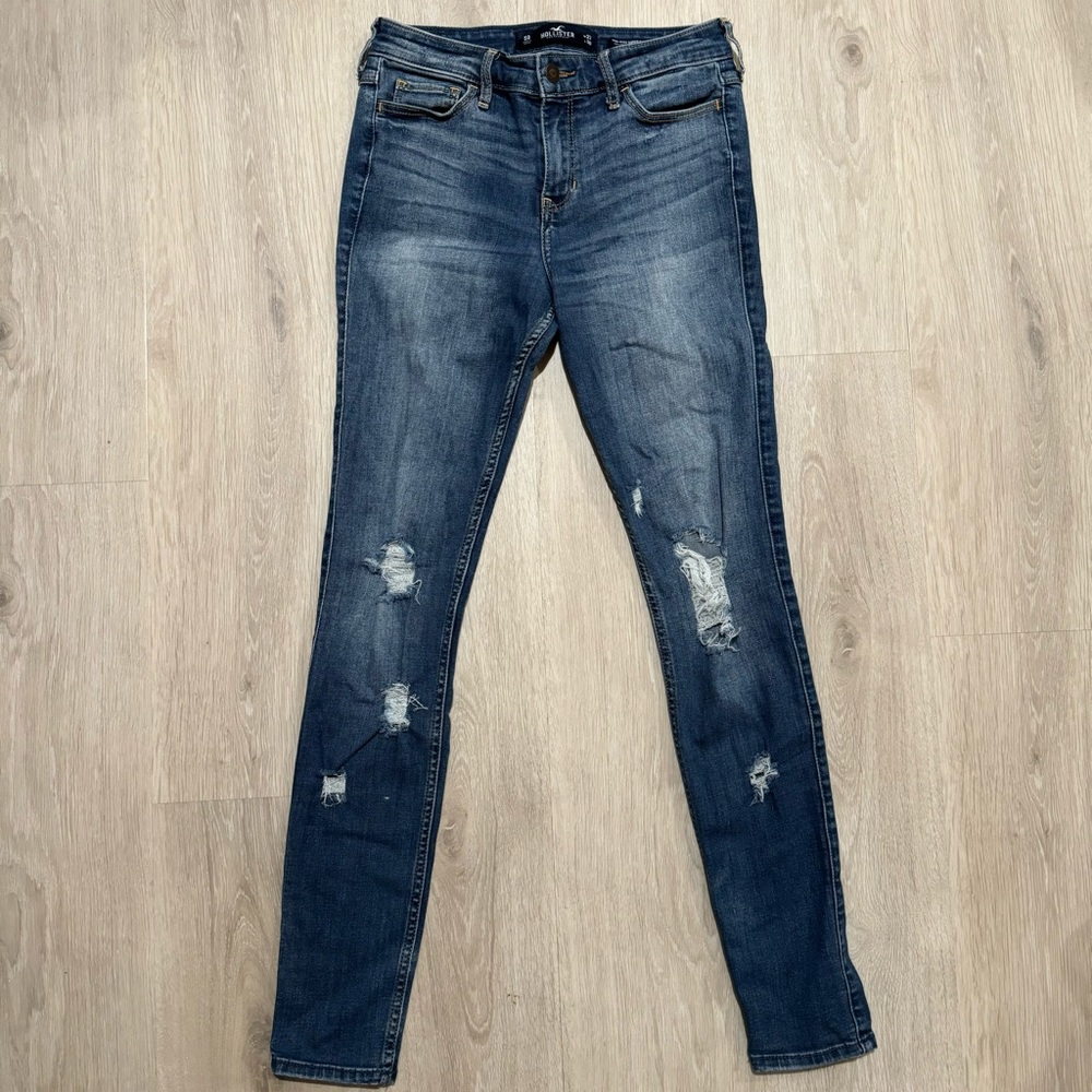 hollister medium blue wash mid rise distressed ripped denim jeans pants bottom